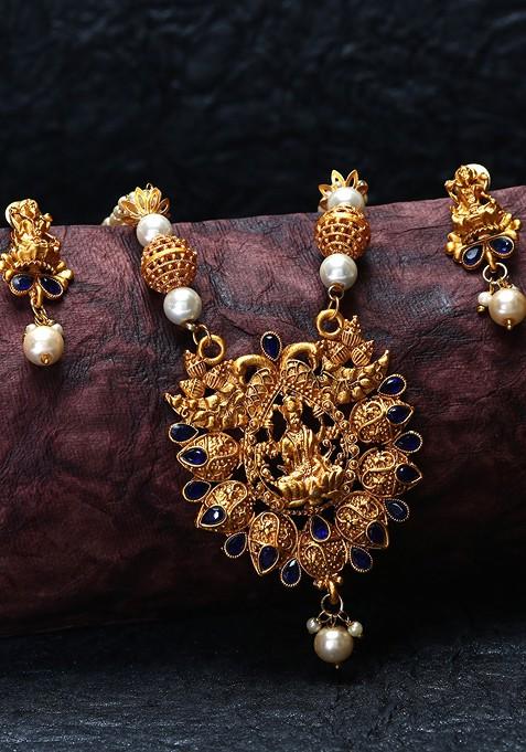 Blue Gold Plated Maa Laxmi Stone Studded Necklace Set