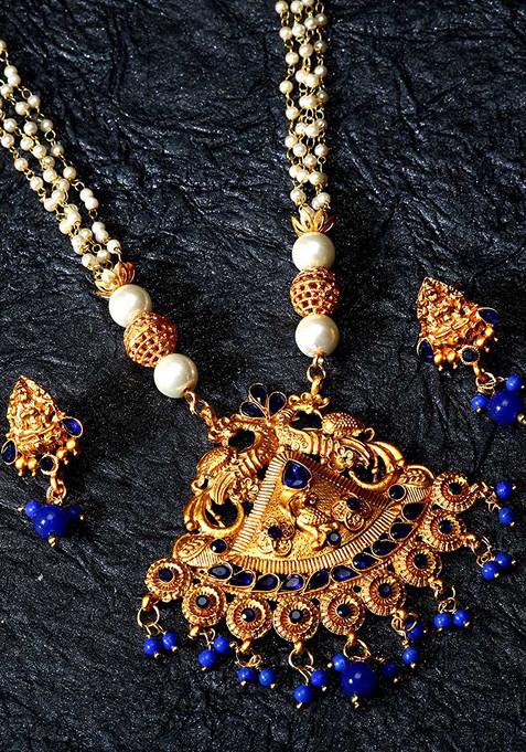 Blue Gold Plated Maa Laxmi Stone Studded Necklace Set