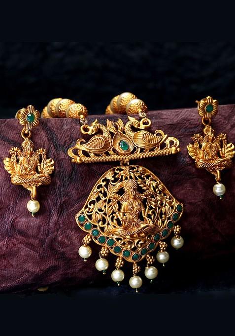 Green Gold Plated Maa Laxmi Stone Studded Necklace Set