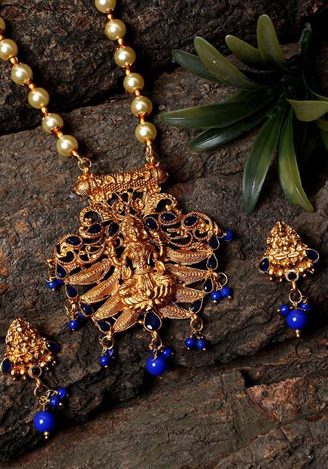 Blue Matte Gold Finish Blue Stone Studded Temple Necklace Set