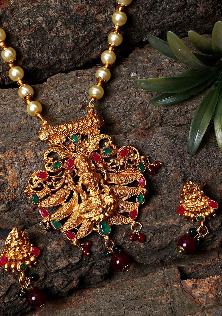 Multicolour Matte Gold Finish Green Maroon Stone Studded Temple Necklace Set