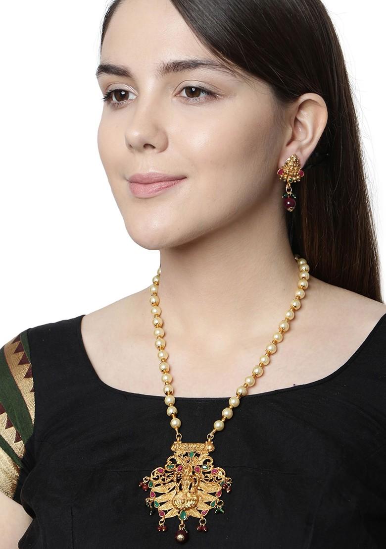 Multicolour Matte Gold Finish Green Maroon Stone Studded Temple Necklace Set