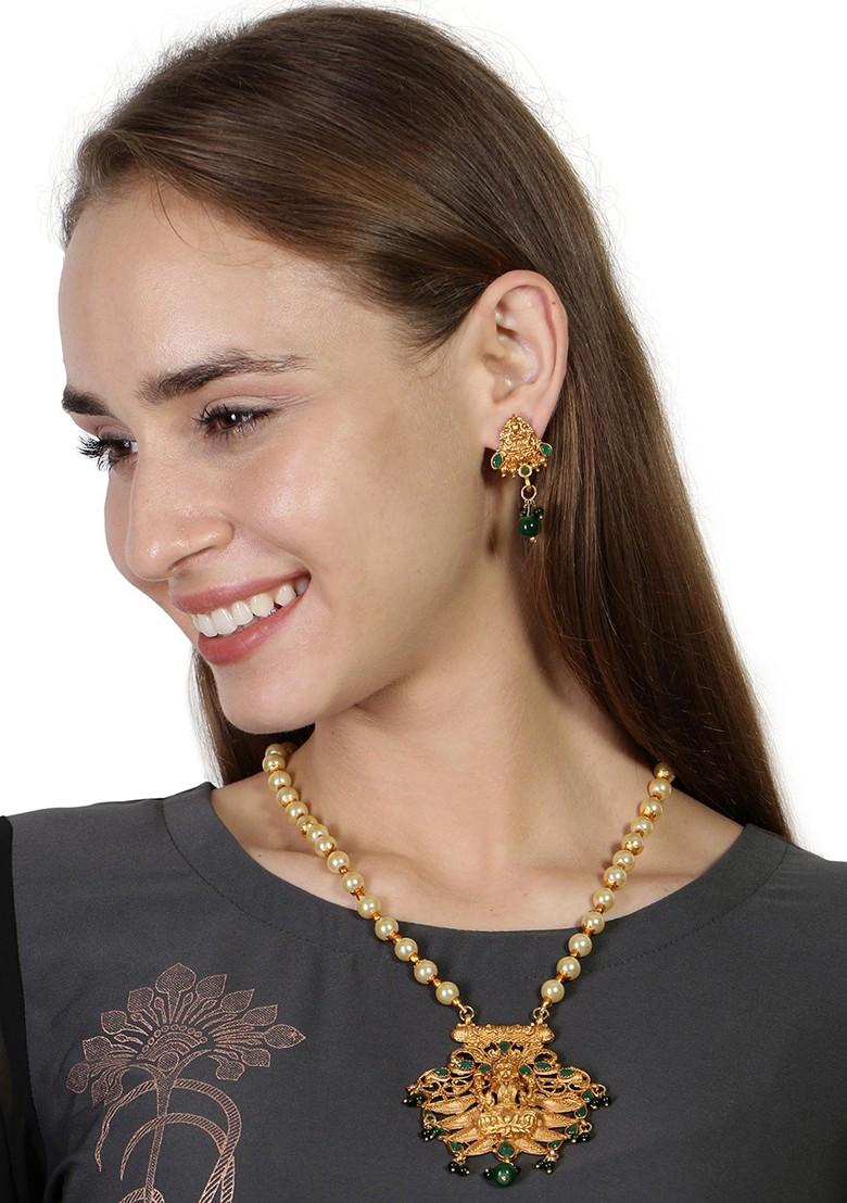 Green Matte Gold Finish Stone Studded Temple Necklace Set