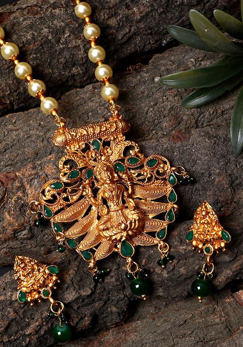 Green Matte Gold Finish Stone Studded Temple Necklace Set