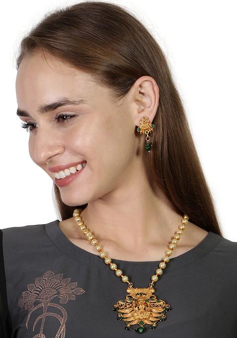 Green Matte Gold Finish Stone Studded Temple Necklace Set