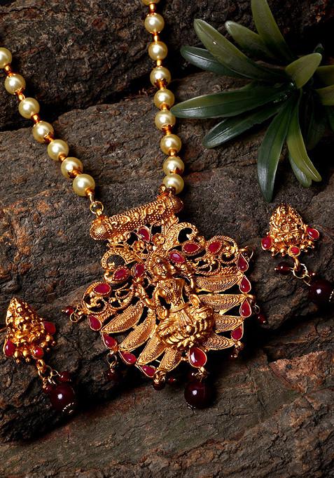 Maroon Matte Gold Finish Stone Studded Temple Necklace Set