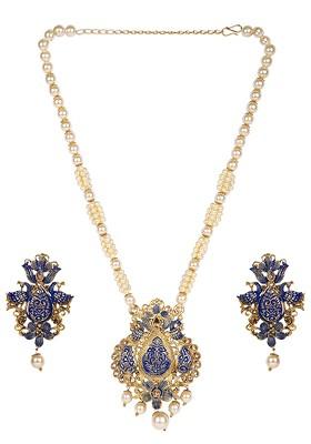 Blue Matte Gold Finish Maroon Stone Studded Temple Necklace Set