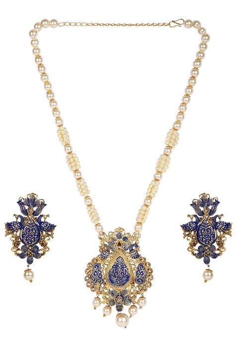 Blue Matte Gold Finish Maroon Stone Studded Temple Necklace Set