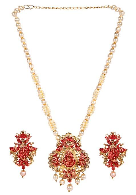 Red Matte Gold Finish Maroon Stone Studded Temple Necklace Set