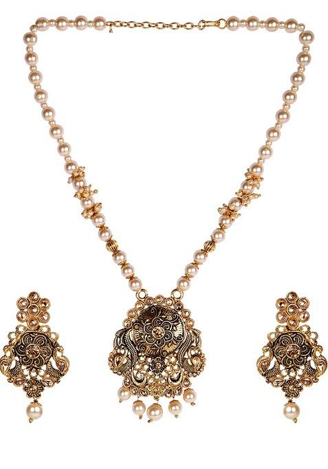 Black Matte Gold Finish Maroon Stone Studded Temple Necklace Set