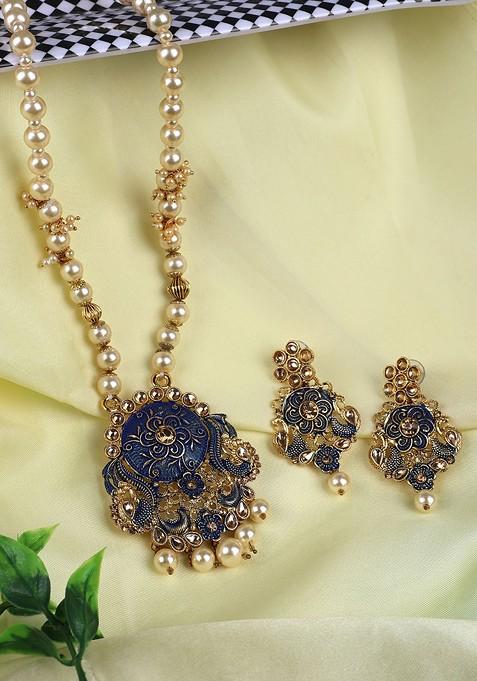 Blue Multicolor Meenakari Long Crystal Necklace Set