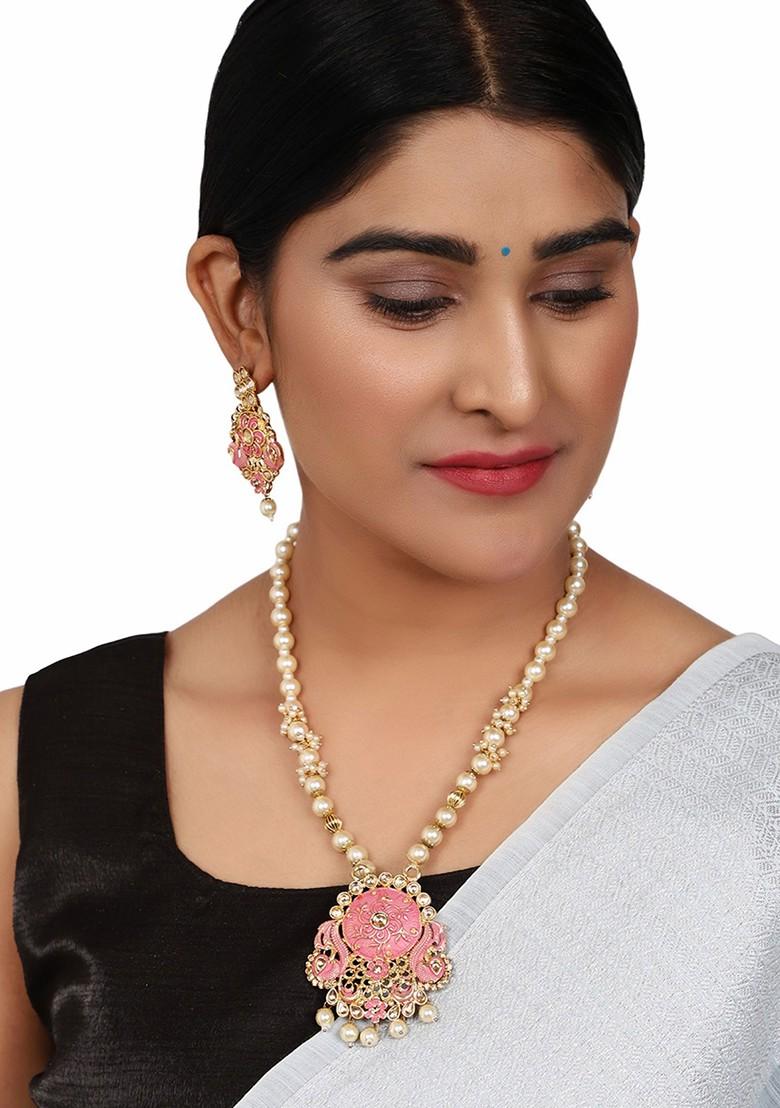 Pink Multicolor Meenakari Long Crystal Necklace Set