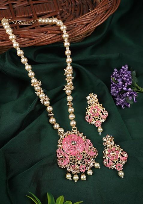 Pink Multicolor Meenakari Long Crystal Necklace Set