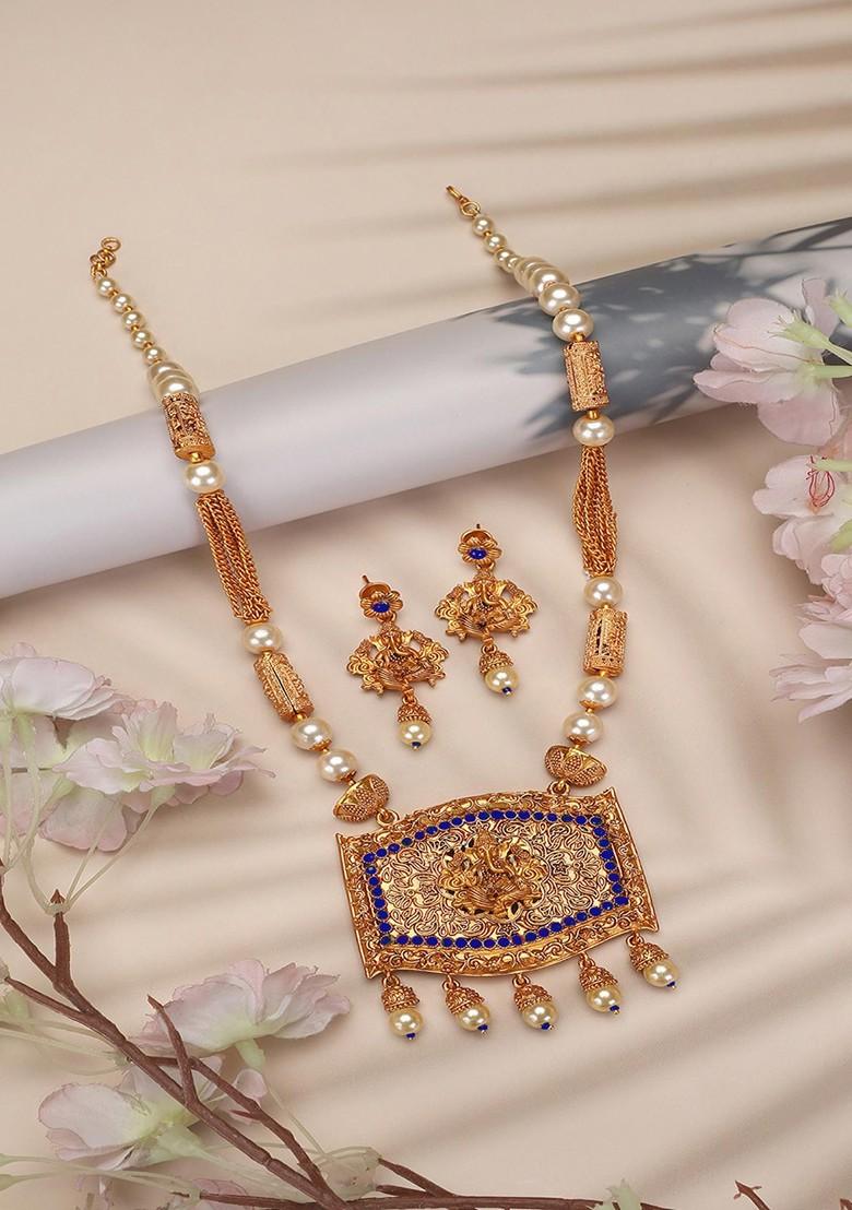 Blue Stone Studded Temple Necklace Set