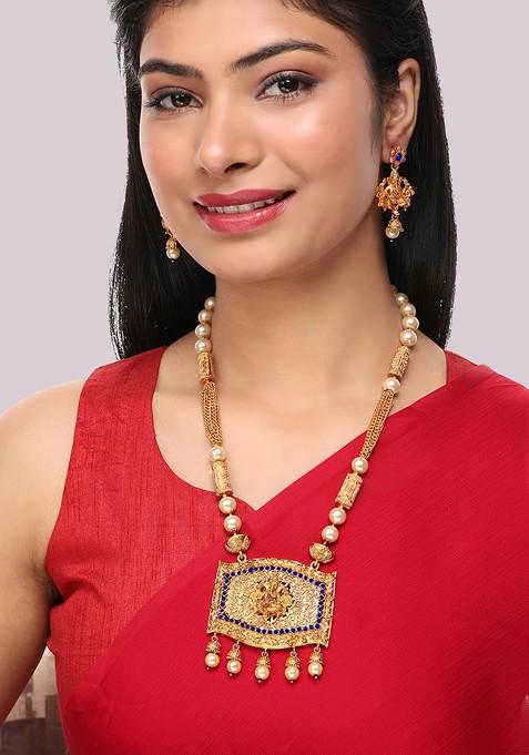 Blue Stone Studded Temple Necklace Set