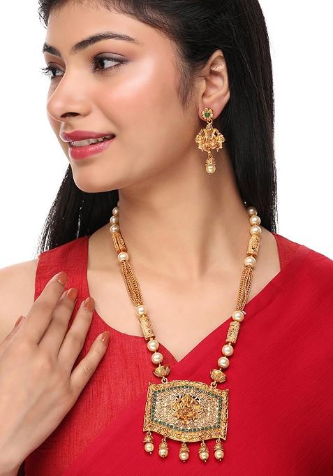 Green Stone Studded Temple Necklace Set