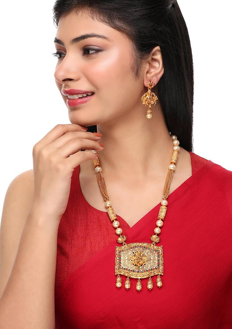 Multicolour Stone Studded Temple Necklace Set