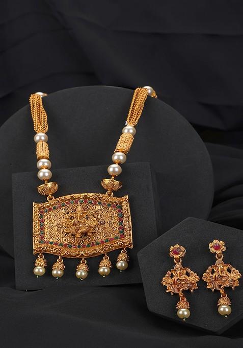 Multicolour Stone Studded Temple Necklace Set