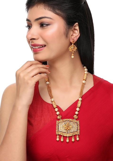 Multicolour Stone Studded Temple Necklace Set
