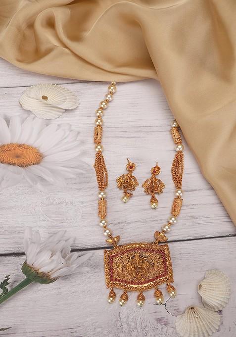 Maroon Stone Studded Temple Necklace Set