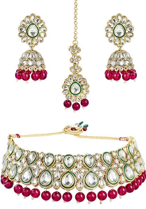 Maroon Kundan Studded Necklace Set With Maang Tikka