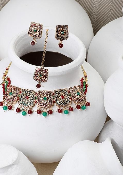 Red Cubic Zirconia Necklace Set With Maang Tikka