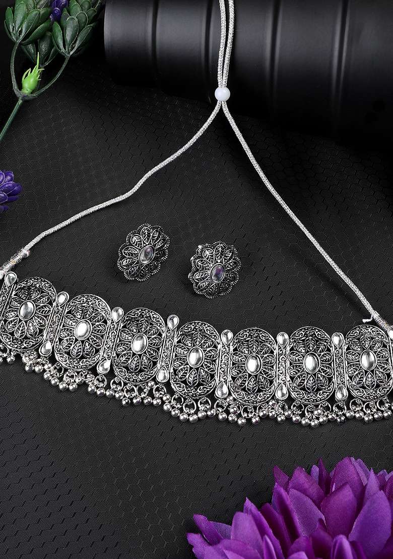 Silver Oxidised Necklace Set - Indya