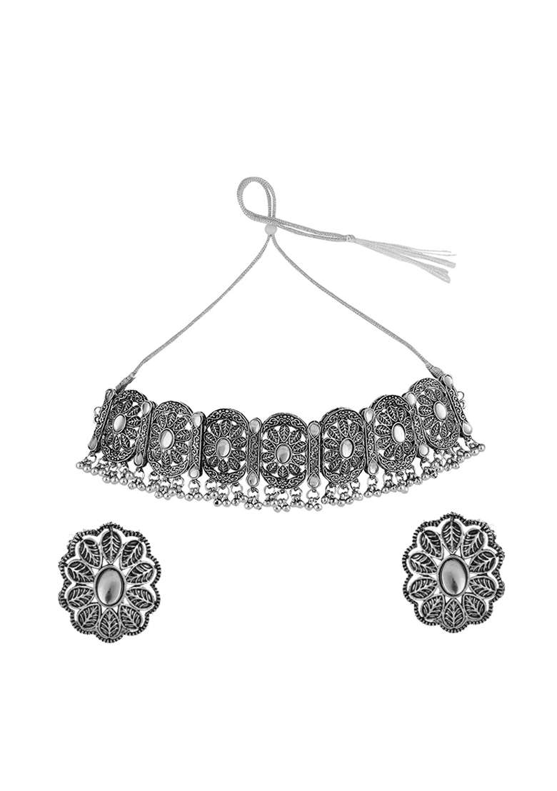 Silver Oxidised Necklace Set - Indya
