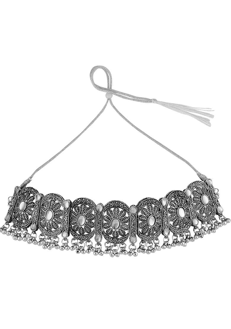 Silver Oxidised Necklace Set - Indya
