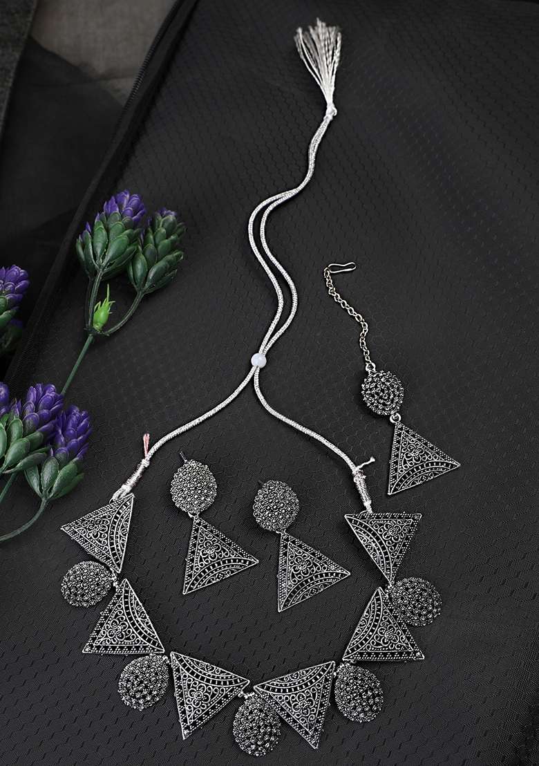 Silver Oxidised Necklace Set - Indya