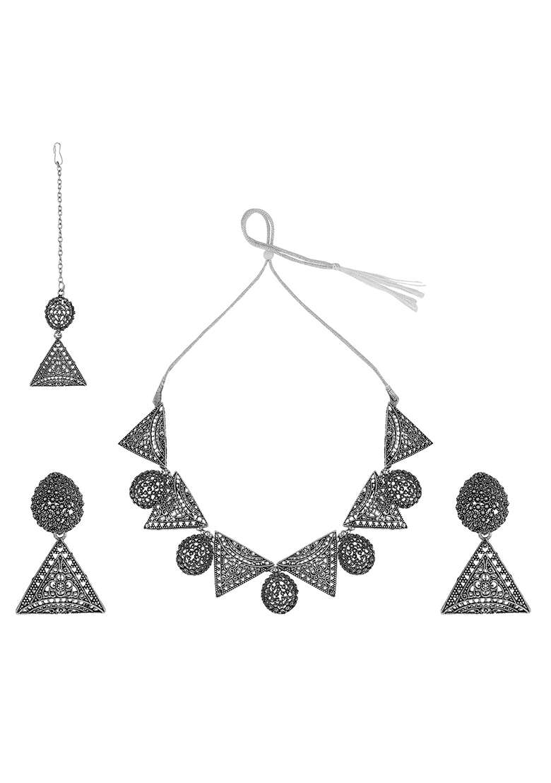 Silver Oxidised Necklace Set - Indya