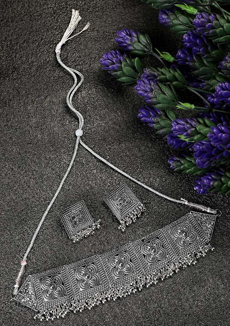 Silver Oxidised Necklace Set - Indya