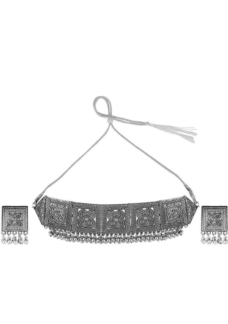 Silver Oxidised Necklace Set - Indya
