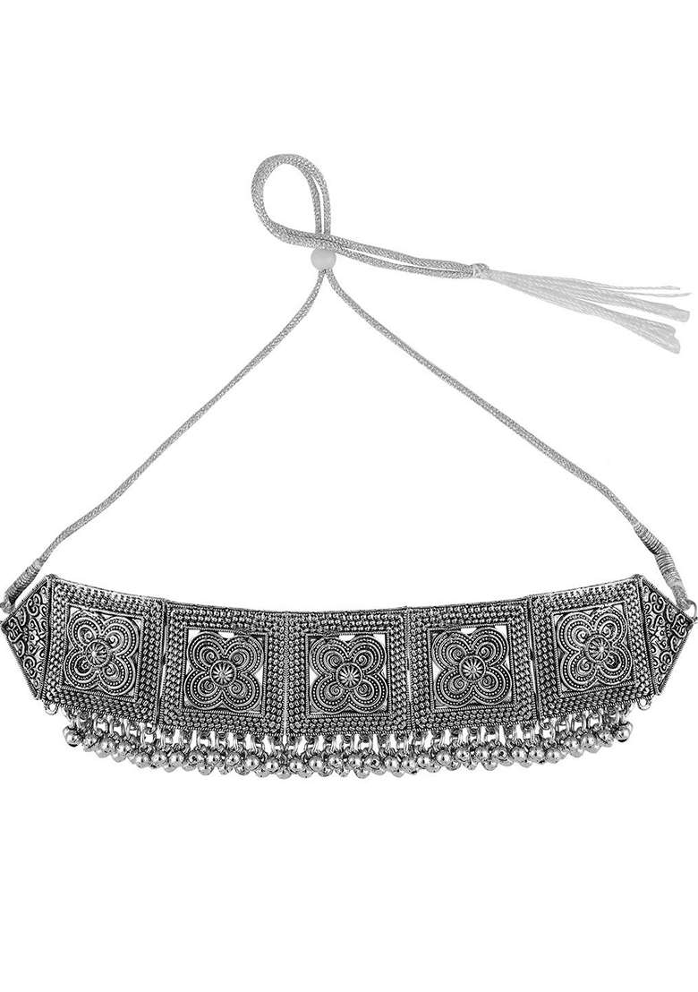 Silver Oxidised Necklace Set - Indya