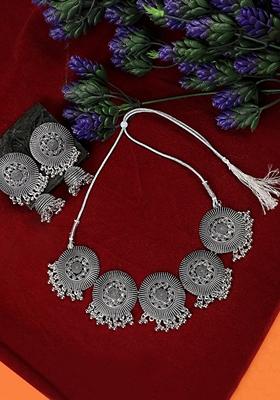 Silver Oxidised Necklace Set With Maang Tikka