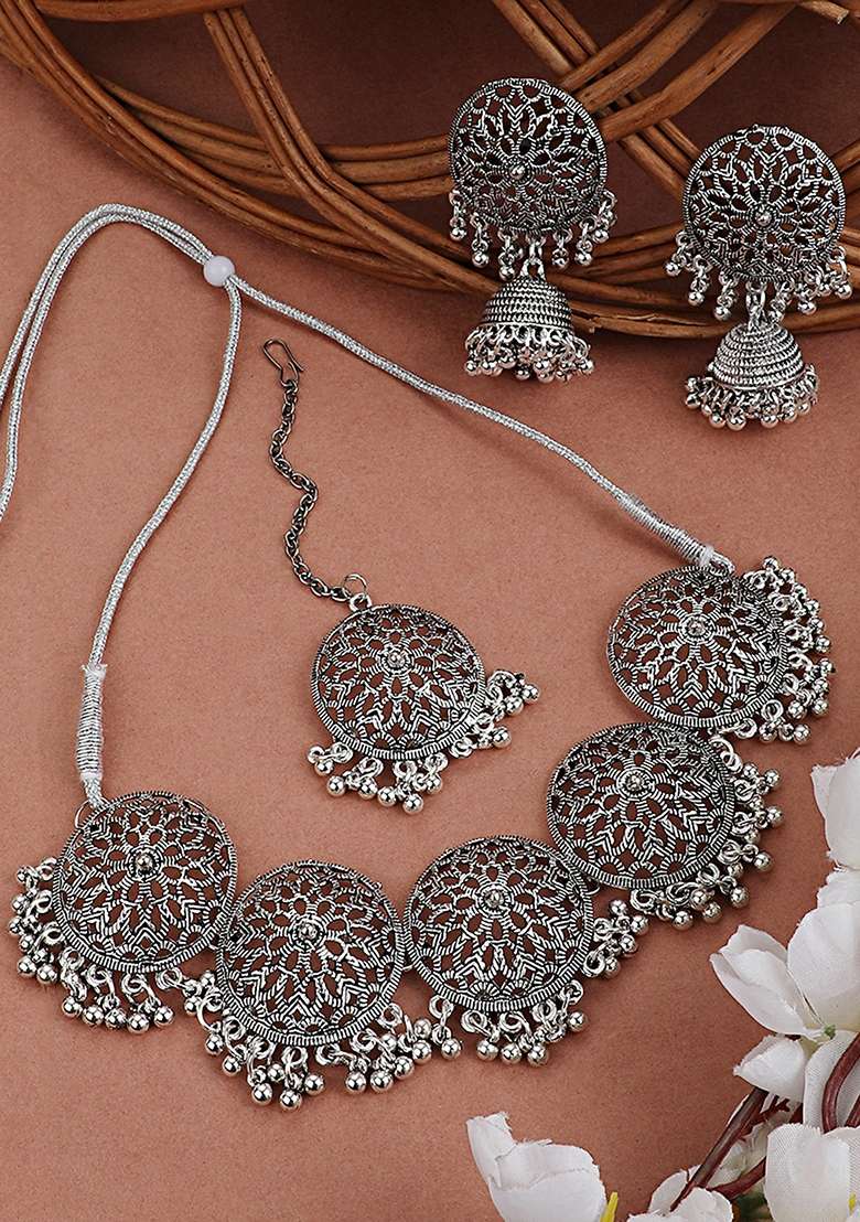 Silver Oxidised Necklace Set - Indya