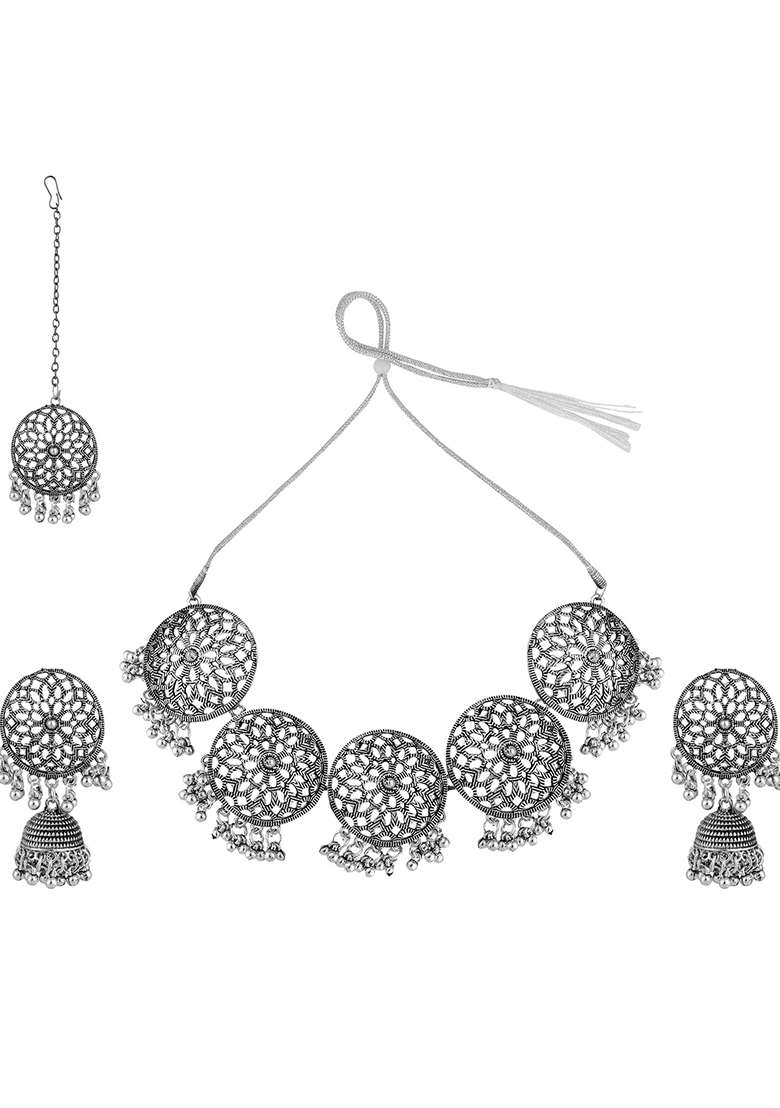 Silver Oxidised Necklace Set - Indya