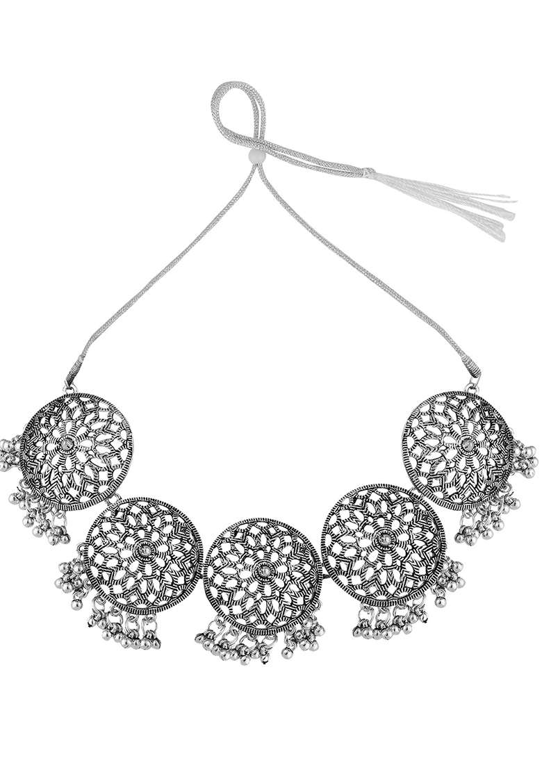 Silver Oxidised Necklace Set - Indya