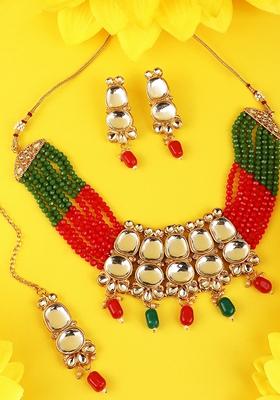 Multicolor Cubic Zirconia Necklace Set With Maang Tikka