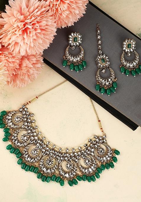 Green Cubic Zirconia Necklace Set With Maang Tikka