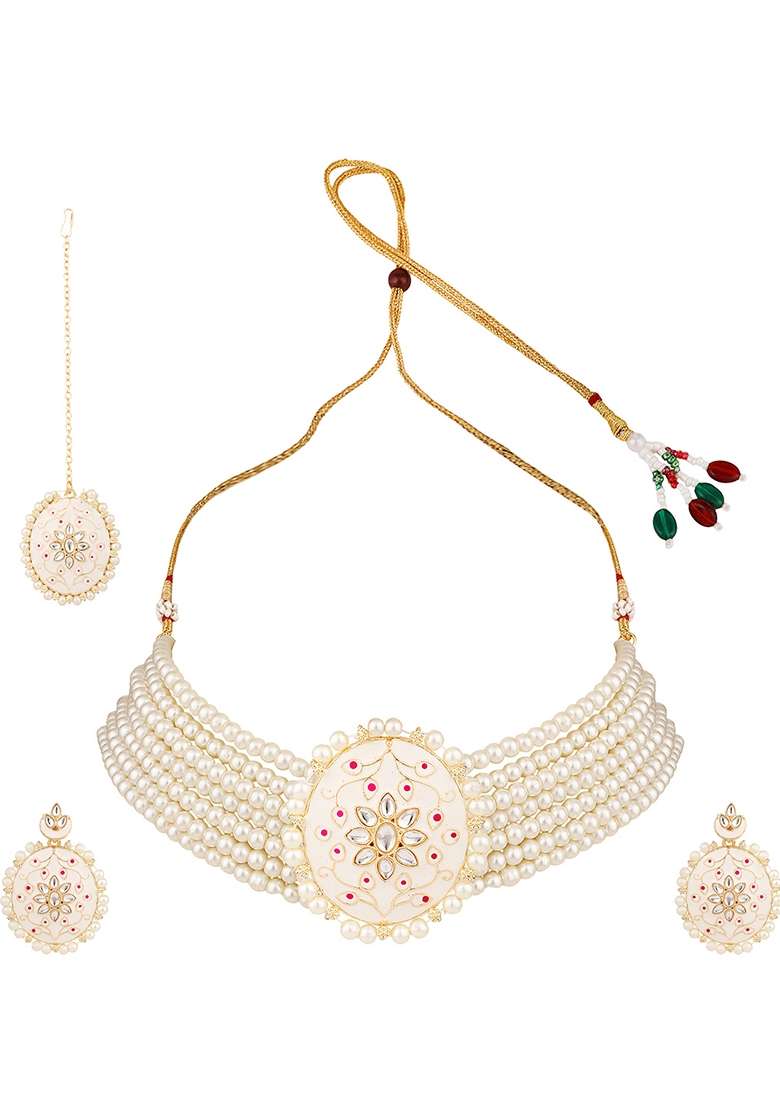 White Pearl Necklace Set With Maang Tikka - Indya