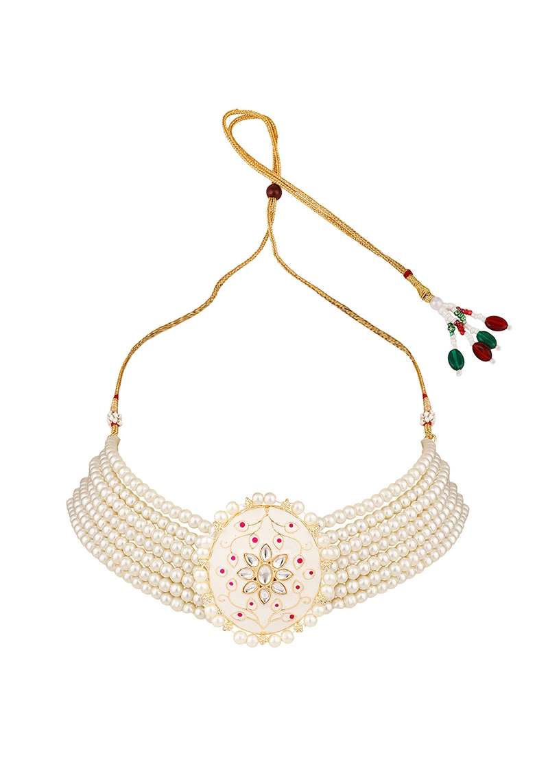 White Pearl Necklace Set With Maang Tikka - Indya