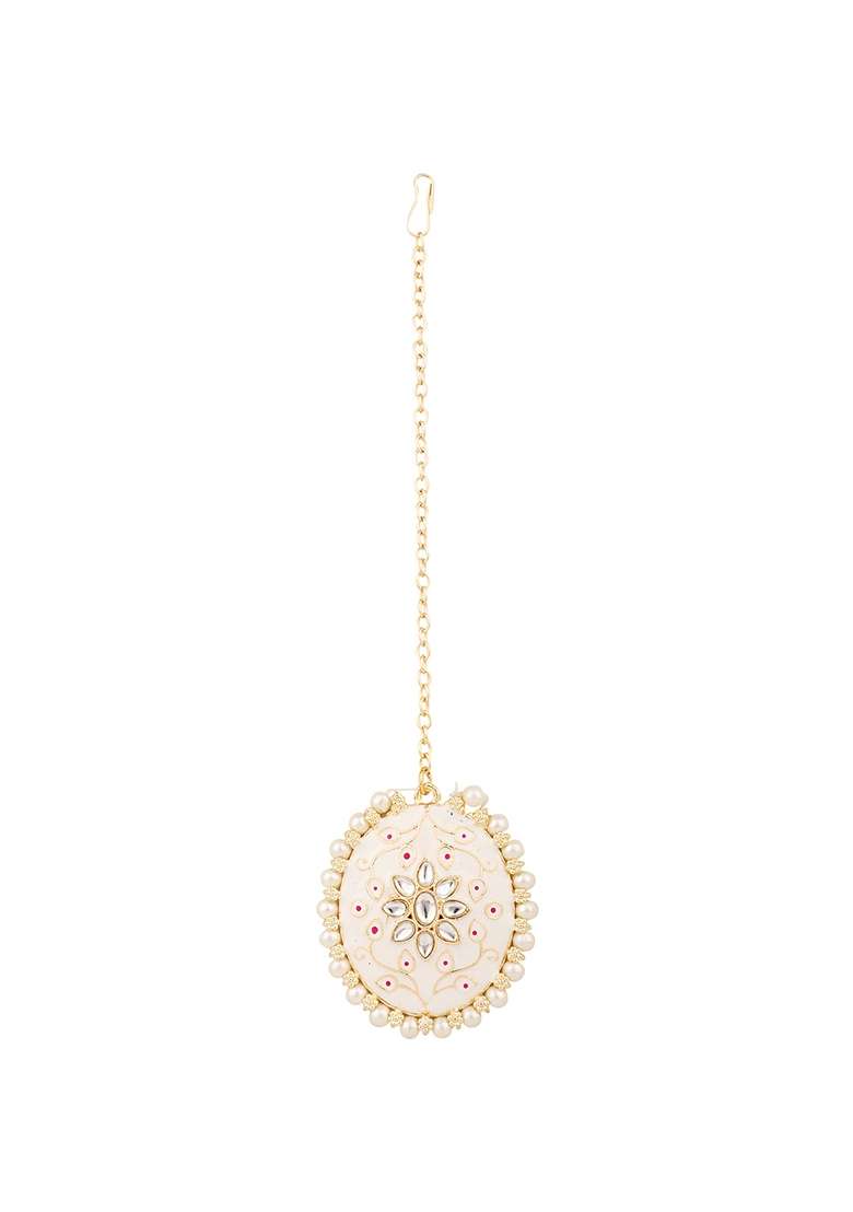 White Pearl Necklace Set With Maang Tikka - Indya