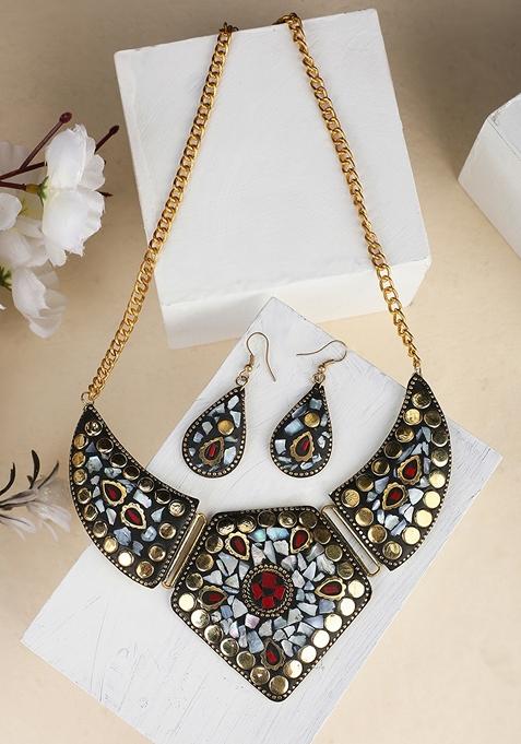Grey Abstract Design Necklace Set