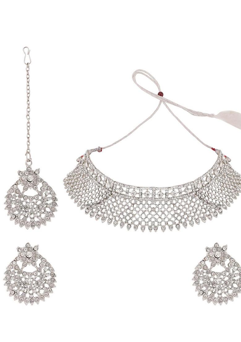Silver Cubic Zirconia Necklace Set With Maang Tikka