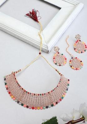Multicolor Cubic Zirconia Necklace Set With Maang Tikka