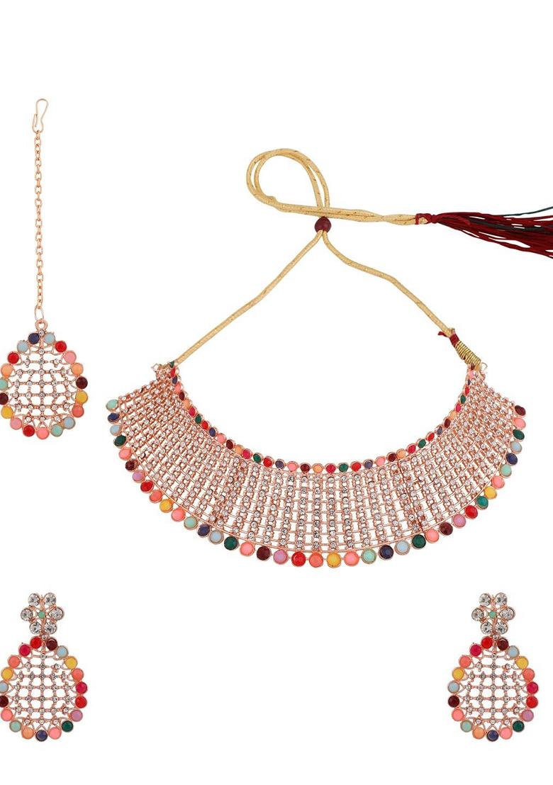 Multicolor Cubic Zirconia Necklace Set With Maang Tikka