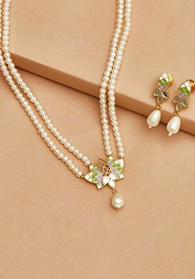 Gold Plated Pearl Enamelled Necklace Set