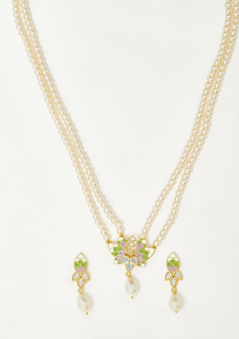 Gold Plated Pearl Enamelled Necklace Set
