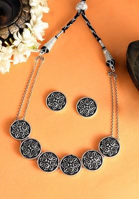 Silver Plated Oxidised Necklace Set